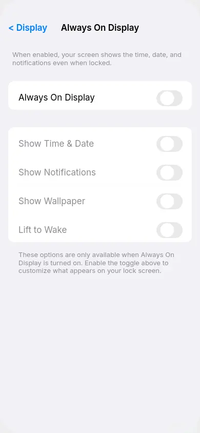 Always On Display toggle in settings turned off