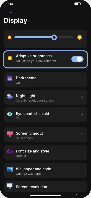 Android adaptive brightness toggle in Display settings