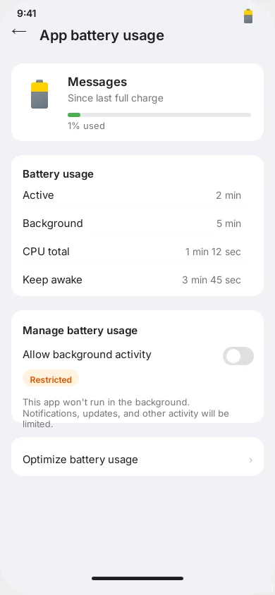 App Battery settings showing Allow Background Activity toggled off with Restricted status