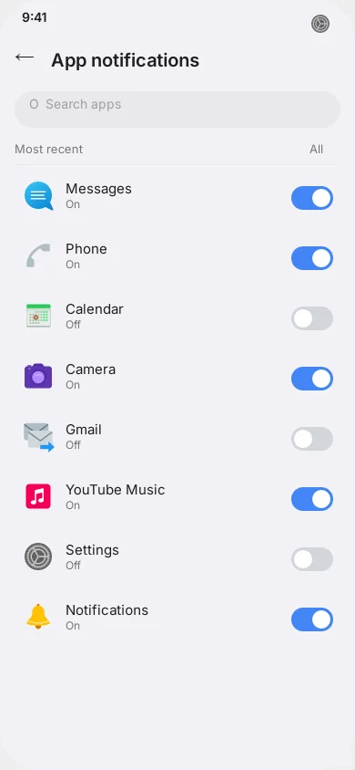 App Notifications list showing some apps toggled on and others toggled off