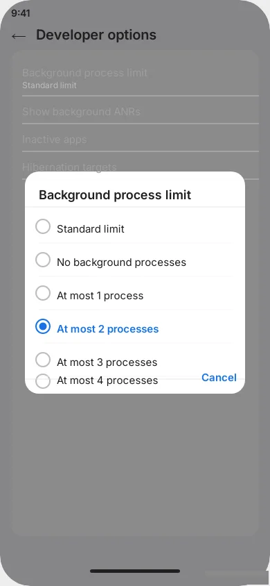 Background Process Limit menu with At Most 2 Processes selected