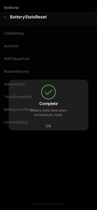 Screenshot: Confirmation message showing Battery stats reset done
