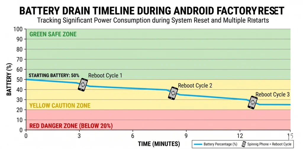 Timeline chart showing battery percentage declining during three reboot cycles of Android factory reset, illustrating why 50% minimum battery is critical to avoid bricking phone

