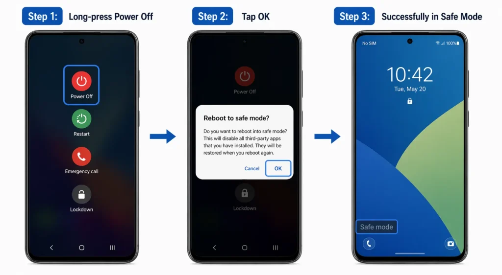 Screenshot sequence showing how to enter Safe Mode on Android: power menu with long-press on Power Off, safe mode confirmation dialog, and lock screen with Safe Mode indicator