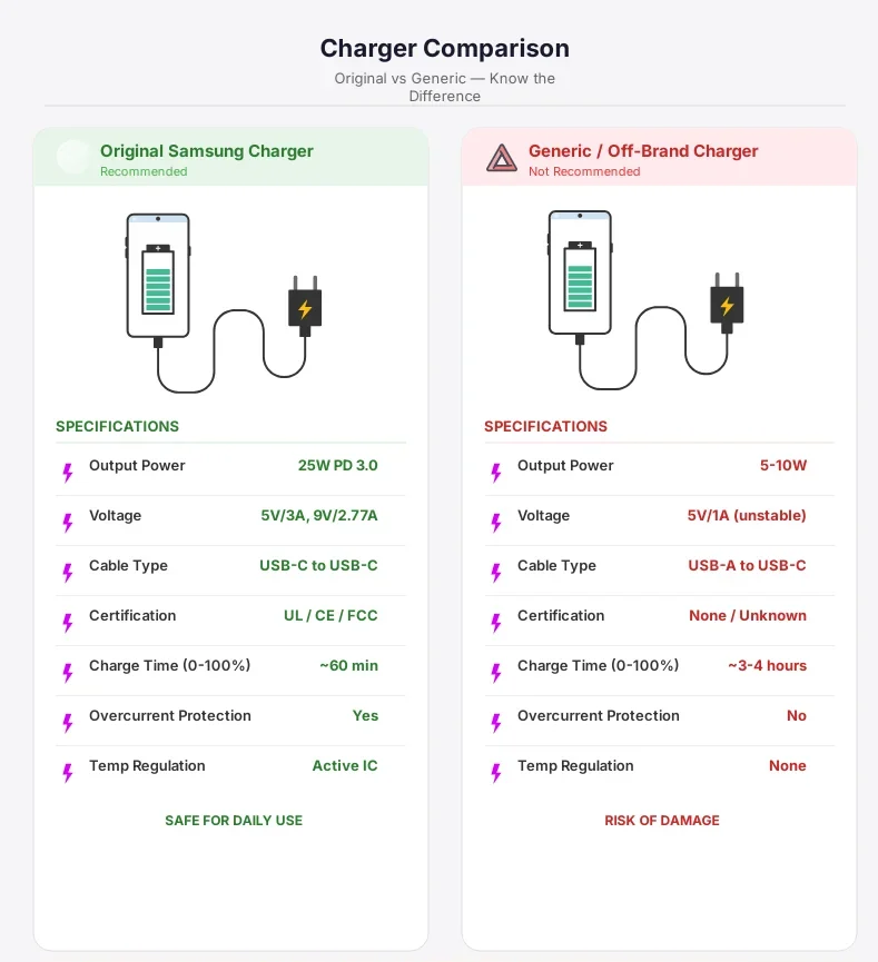 Comparison showing original manufacturer charger specifications versus a generic low quality charger