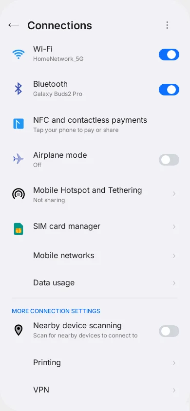 Connections settings showing Nearby Device Scanning toggle turned off