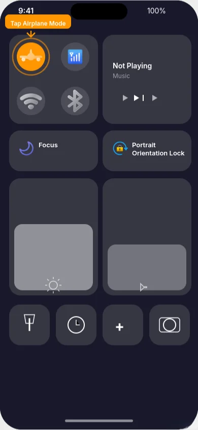 iPhone Control Center showing airplane mode toggle
