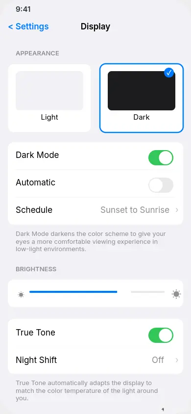 Dark mode toggle enabled in Display settings