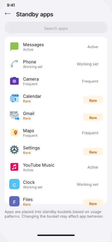 Screenshot: Developer Options Standby Apps list showing app states with some changed to Rare