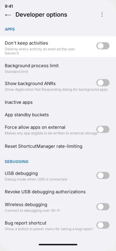 Developer Options showing Don't Keep Activities toggle