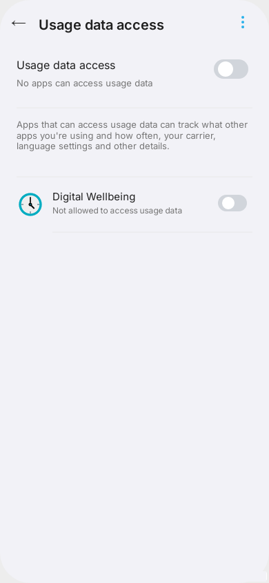 Digital Wellbeing Usage Data Access setting with tracking toggled off