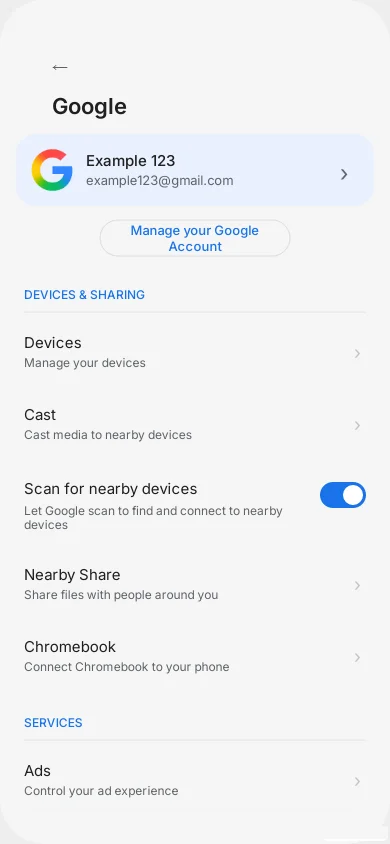 Google Settings showing Scan for Nearby Devices toggle
