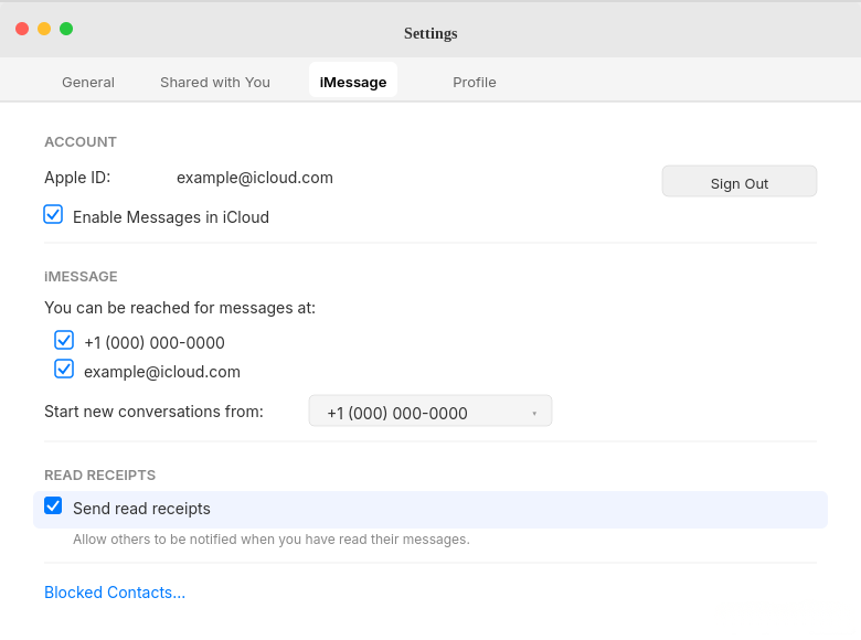 Mac Messages app preferences showing Send Read Receipts checkbox in iMessage settings