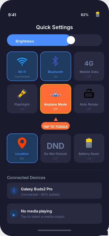 Screenshot: Quick settings panel showing Airplane Mode toggle