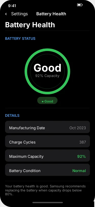 Screenshot: Samsung Battery Health status showing the current condition