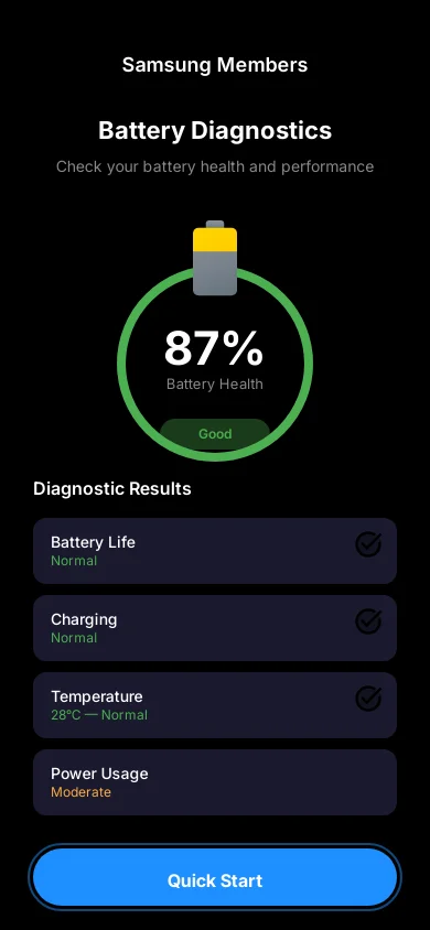 Samsung battery diagnostic screen with Quick Start button highlighted at the bottom