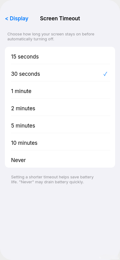  Screen timeout settings showing 30 seconds selected