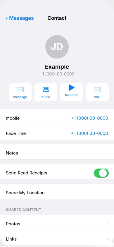 iPhone Messages app showing individual contact Send Read Receipts setting