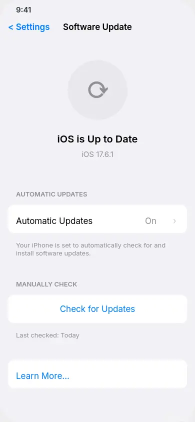 Software update screen showing Check for Updates button