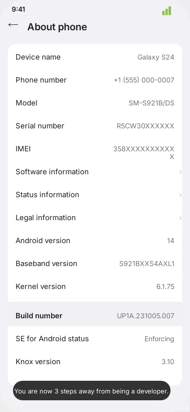 Screenshot: Tapping Build Number with the countdown message visible