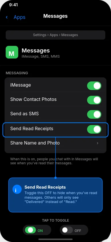 iPhone Settings showing path to Send Read Receipts toggle in iOS 18