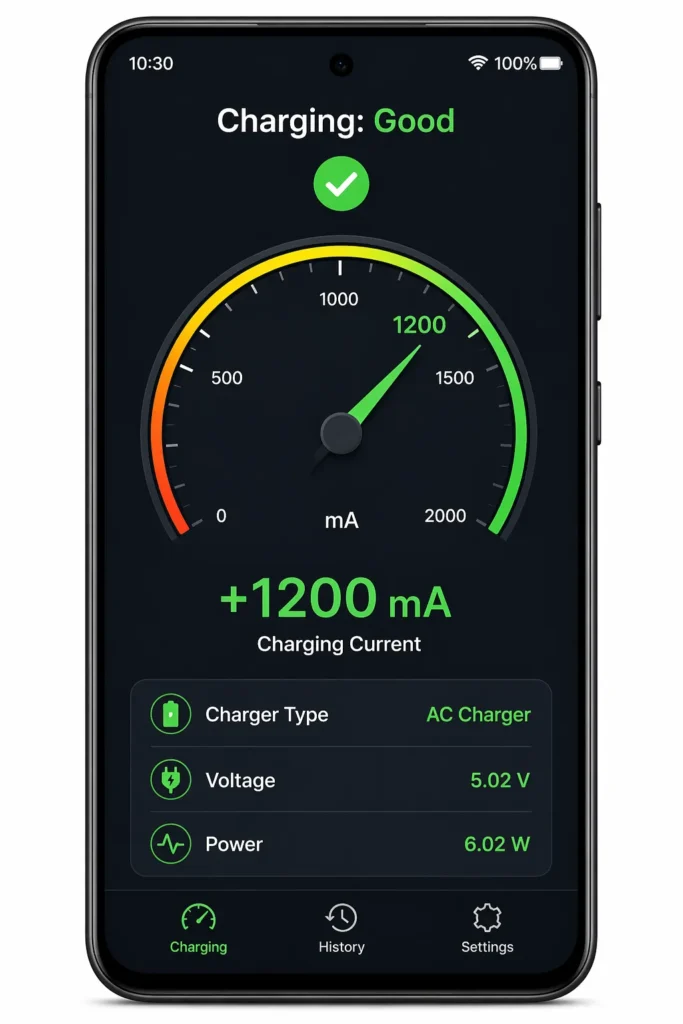 Illustration of a charging diagnostic app on a smartphone screen showing a 1200 milliamp reading indicating the charger is delivering adequate power