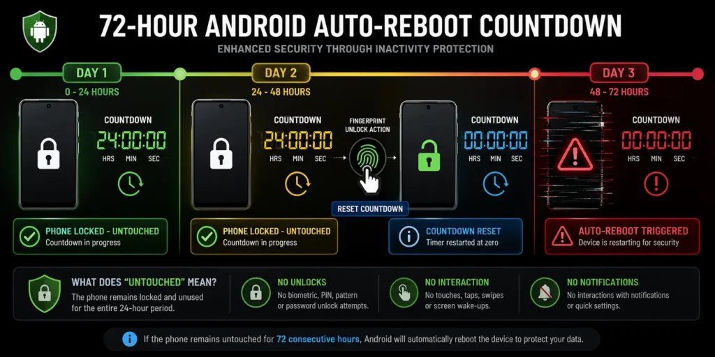 Timeline infographic showing Android's 72-hour auto-reboot countdown reset when user unlocks phone, illustrating how the security feature activates only after complete inactivity