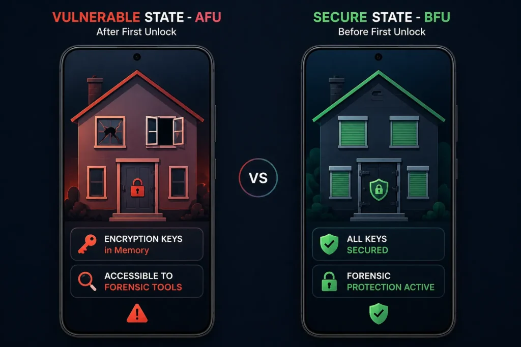 Comparison diagram showing Android phone security states: After First Unlock (AFU) with vulnerable encryption keys active in memory versus Before First Unlock (BFU) with secure encryption sealed away