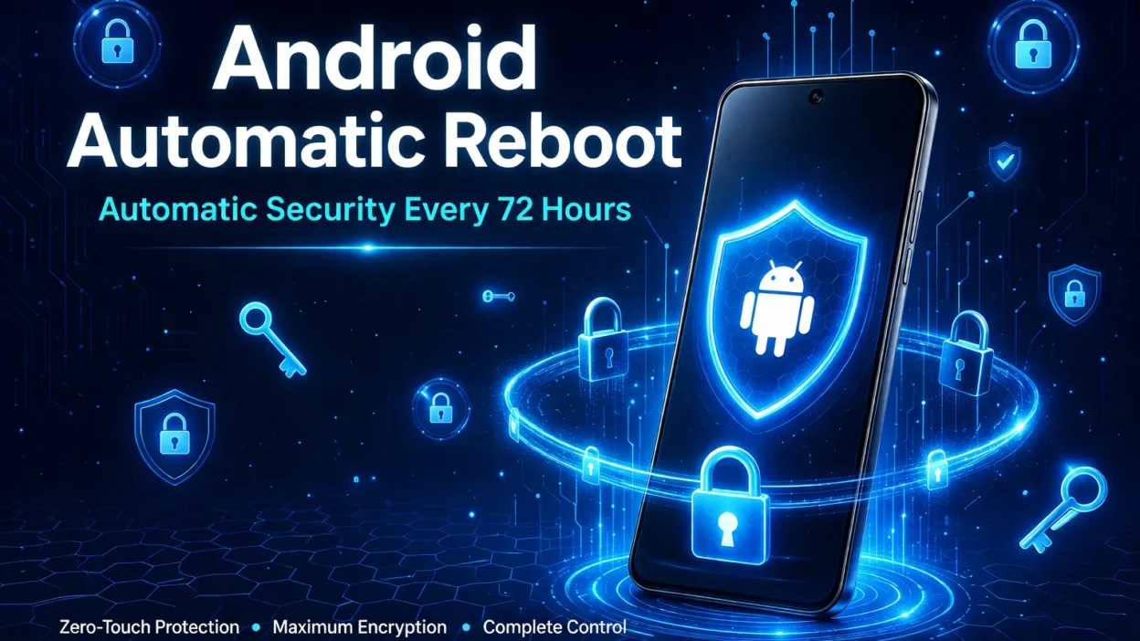 Featured image showing sleek Android smartphone surrounded by glowing blue security shields and padlock icons, representing automatic encryption protection from Android's 72-hour auto-reboot security feature