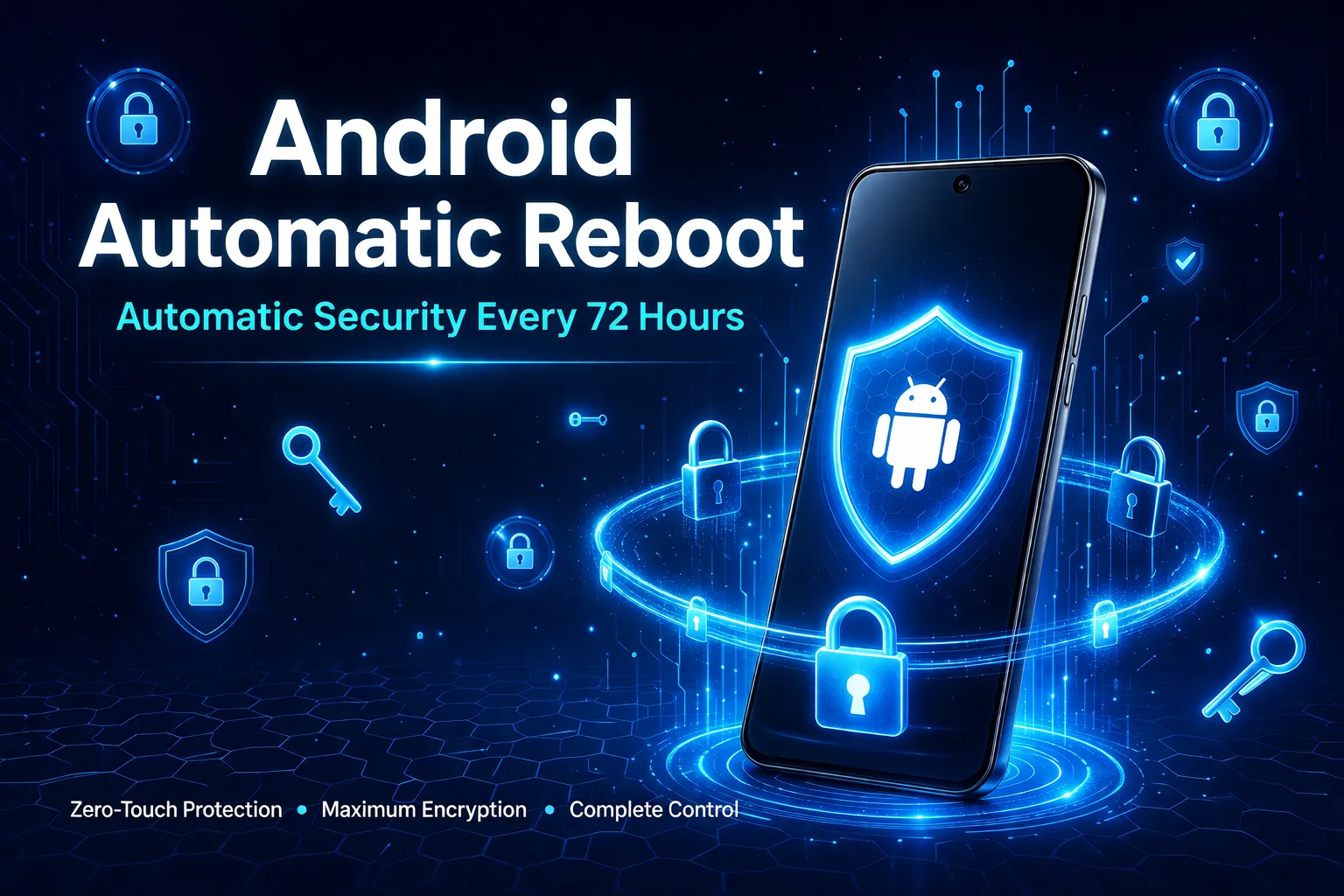 Featured image showing sleek Android smartphone surrounded by glowing blue security shields and padlock icons, representing automatic encryption protection from Android's 72-hour auto-reboot security feature