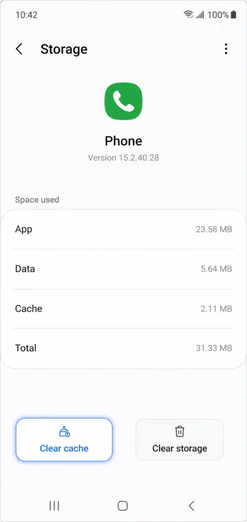 Screenshot of Android settings showing Clear Cache and Clear Storage 
buttons for the Phone app with Clear Cache option highlighted