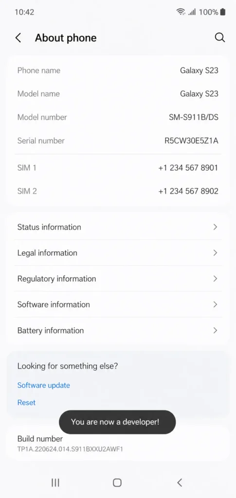 Screenshot showing "You are now a developer" confirmation message that 
appears after tapping Build Number seven times in Android settings