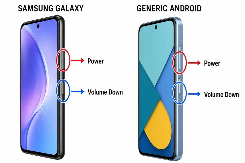 Diagram showing Power and Volume Down button locations on Android phones 
for force restart procedure