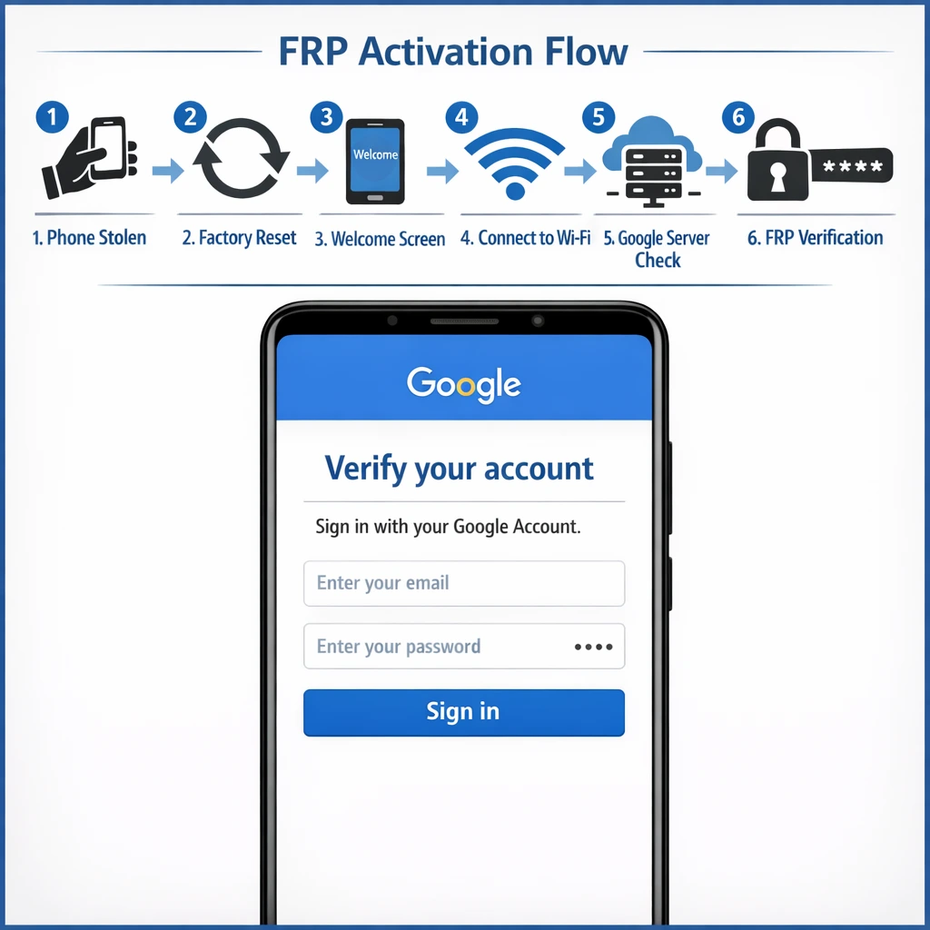Infographic showing how Android Factory Reset Protection activates after reset and displays Google account verification screen, requiring original Gmail credentials