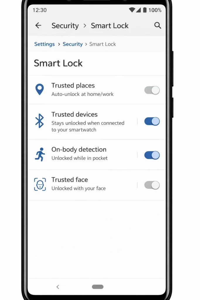 Screenshot of Android Security settings showing Smart Lock menu with Trusted Places, Trusted Devices, On-Body Detection, and Trusted Face options