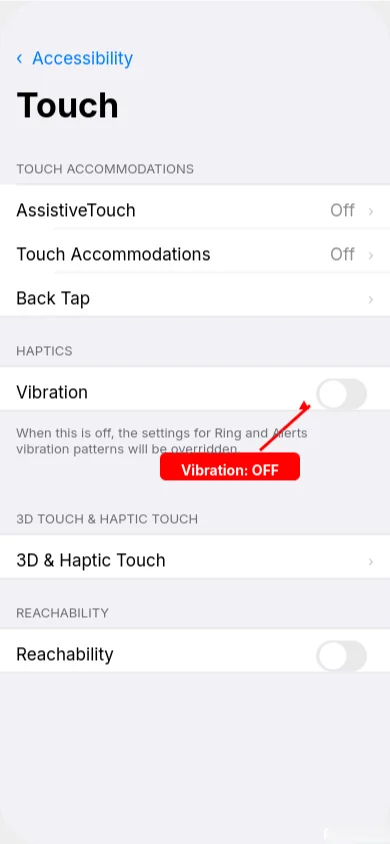iPhone accessibility settings screen showing how to turn off vibration completely using the master toggle in Settings > Accessibility > Touch menu