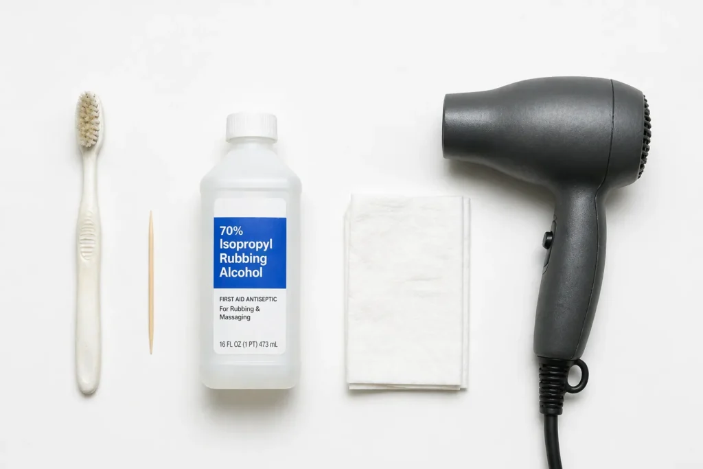 Flat lay of five household tools for cleaning a phone charging port: toothbrush, wooden toothpick, isopropyl alcohol, tissue, and hairdryer