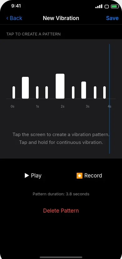 iPhone create new vibration pattern screen showing custom haptic feedback designer for making gentler vibration alerts