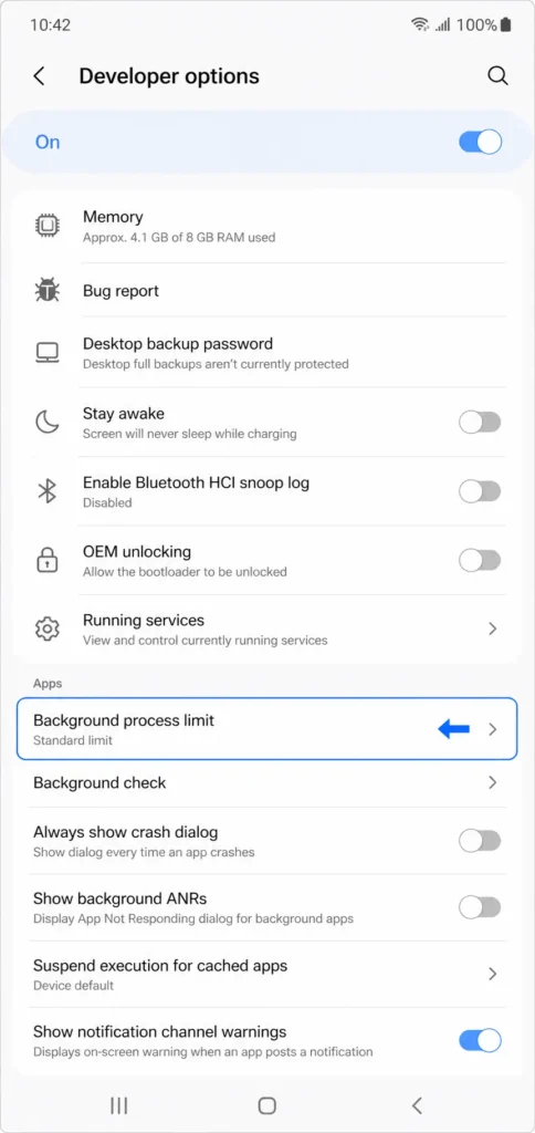 Screenshot of Developer Options showing Background Process Limit 
setting location in Android settings menu