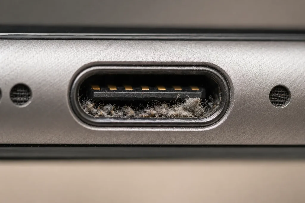 Extreme close-up of a smartphone charging port showing compacted lint and debris buildup that prevents proper charging connection