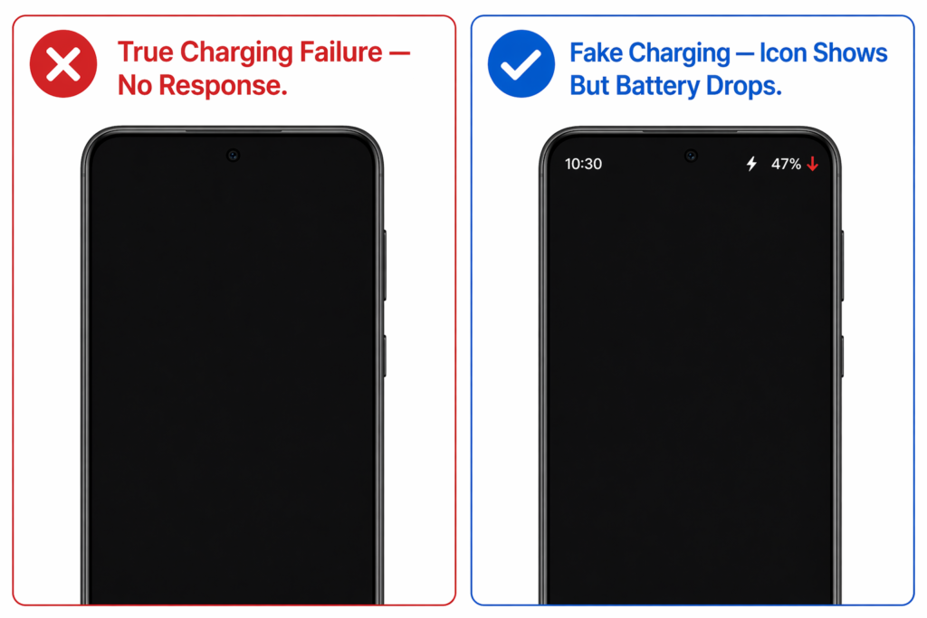 Side-by-side comparison of a phone with true charging failure showing a dark screen versus fake charging showing a charging icon but a dropping battery percentage