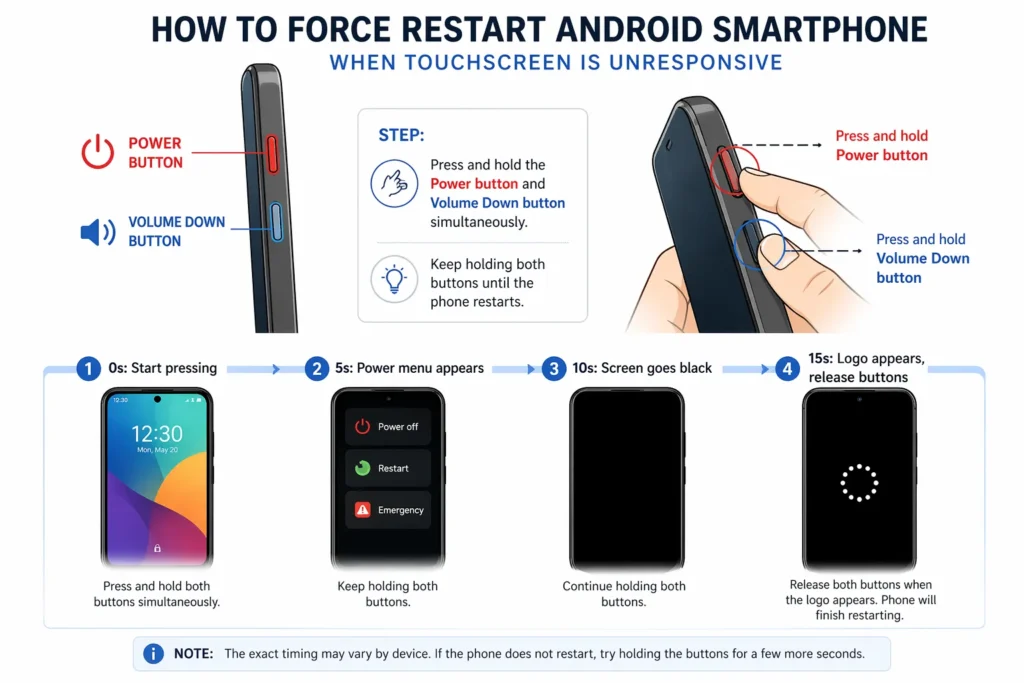 Step-by-step illustration showing how to perform a force restart on an Android phone by holding power and volume down buttons when the touchscreen is unresponsive.