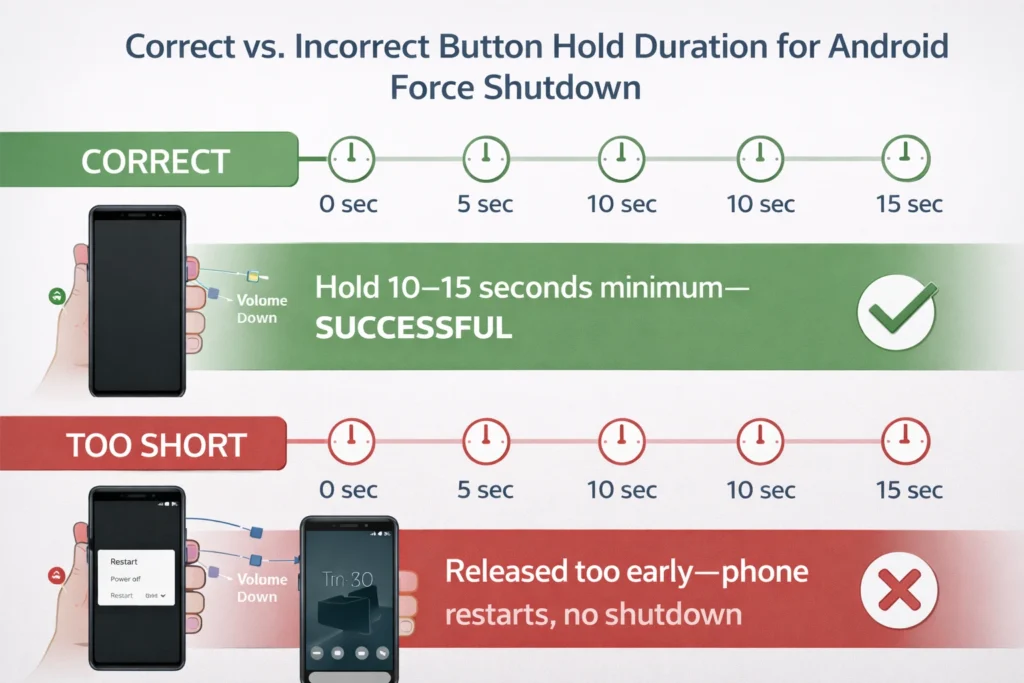 Timeline comparison showing correct 10-15 second button hold for force shutdown versus common mistake of releasing too early (5 seconds) which just restarts phone