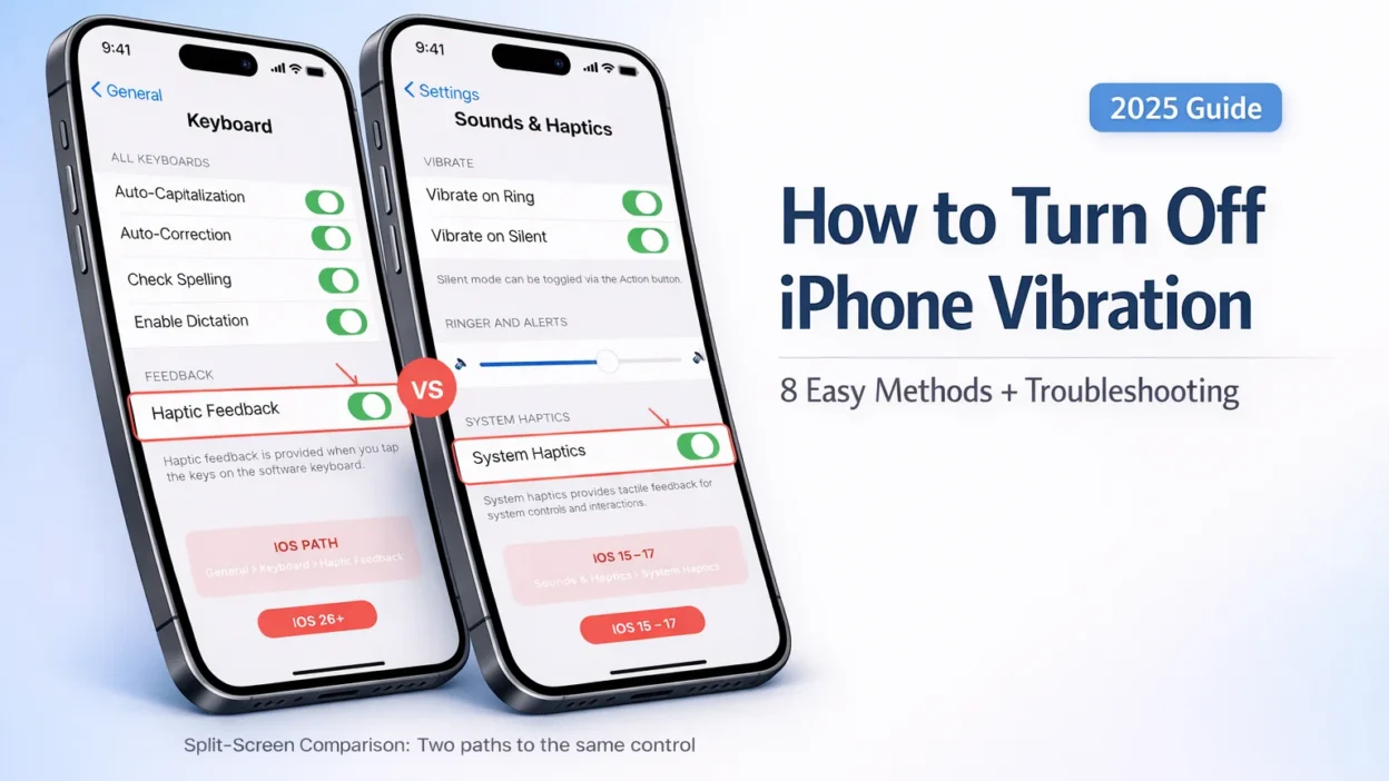 iPhone settings screen showing Sounds & Haptics menu with vibration toggles for turning off iPhone buzzing and alerts