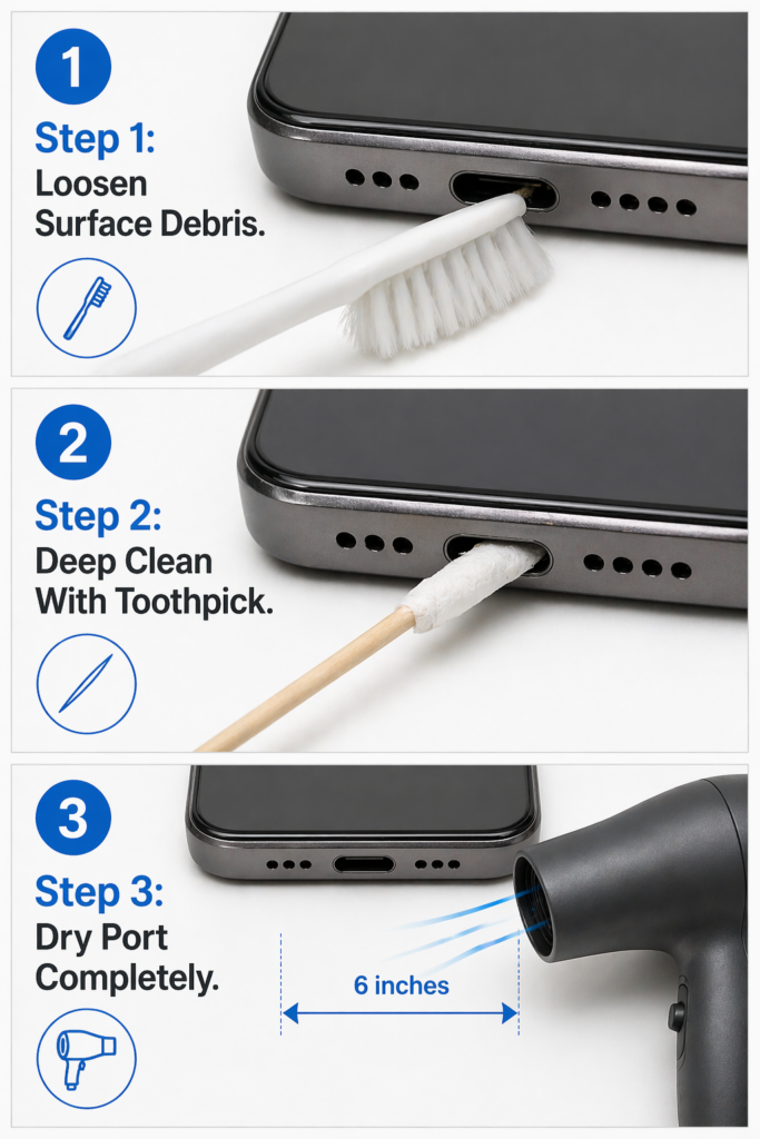 Three-step visual guide to cleaning a phone charging port using a toothbrush, wooden toothpick, and hairdryer to remove lint and debris