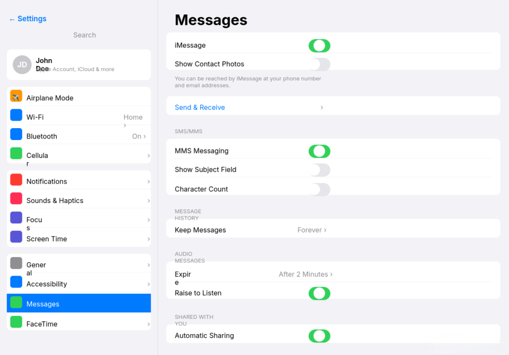 iPad Settings app showing Messages and Send Read Receipts toggle