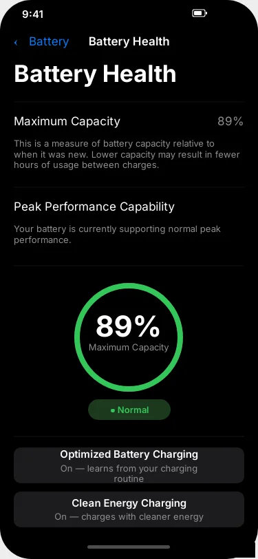 Screenshot: iPhone Battery Health screen showing Maximum Capacity percentage