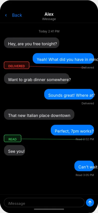  iPhone mockup showing Messages app with "Delivered" vs "Read" status