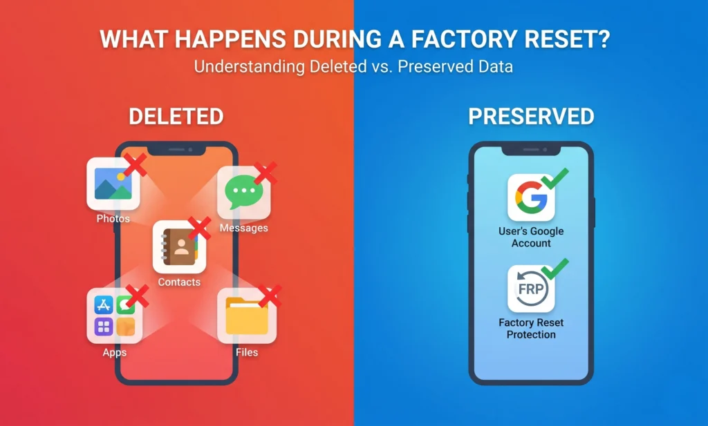 Infographic showing what data gets permanently deleted in Android factory reset (photos, messages, contacts, apps) versus what's preserved (Google account, FRP protection)