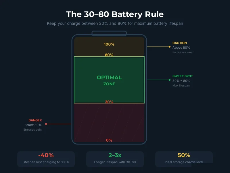Simple infographic showing the 30 to 80 battery rule with a battery icon and the optimal charge zone highlighted